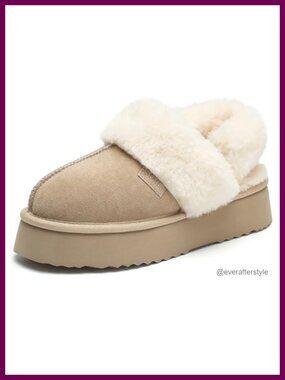 Genuine Suede Platform Slippers Fuzzy Lined Memory Foam Winter House Shoes